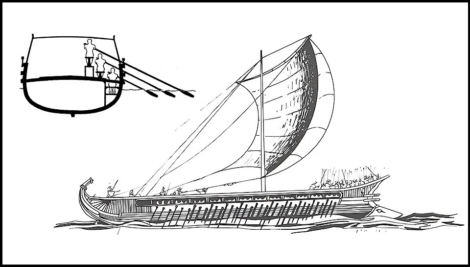 A reconstruction of a Greek trireme with an inset showing three levels of oars.