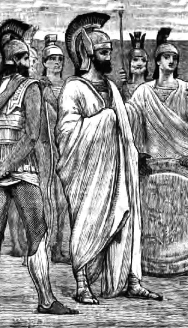 An imagined Agesilaus II standing among armed men in a nineteenth-century illustration.