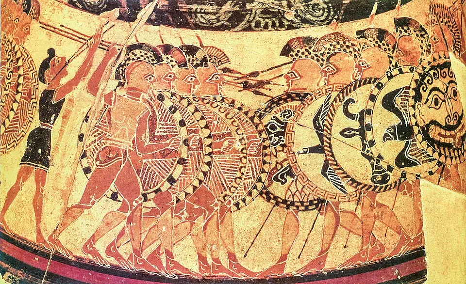 Hoplites on the Chigi vase. Photograph or reproduction of an ancient artifact.