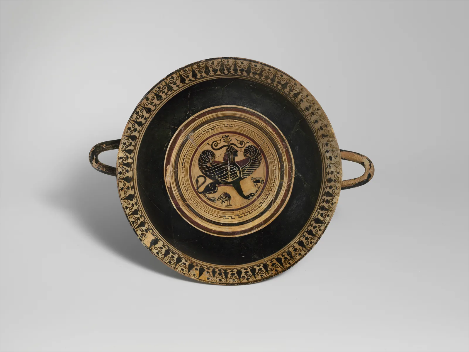 Terracotta kylix (drinking cup), Greek, Laconian