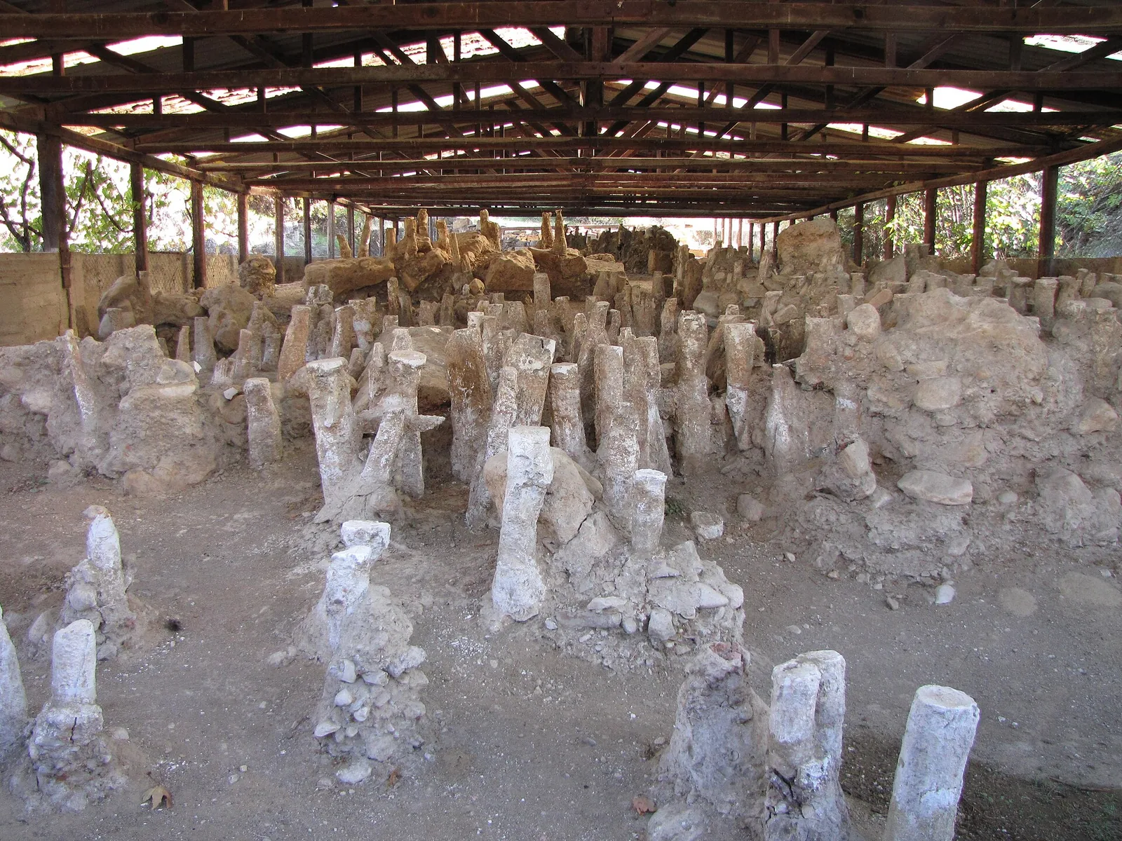 Preserved posts of an ancient wooden bridge at Amphipolis under a shelter.