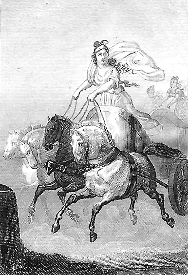 A nineteenth-century illustration imagining Cynisca alongside horses and a chariot.