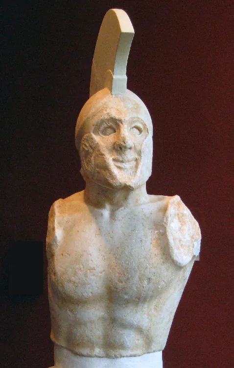 Ancient marble torso of a helmeted Spartan hoplite, commonly called Leonidas.