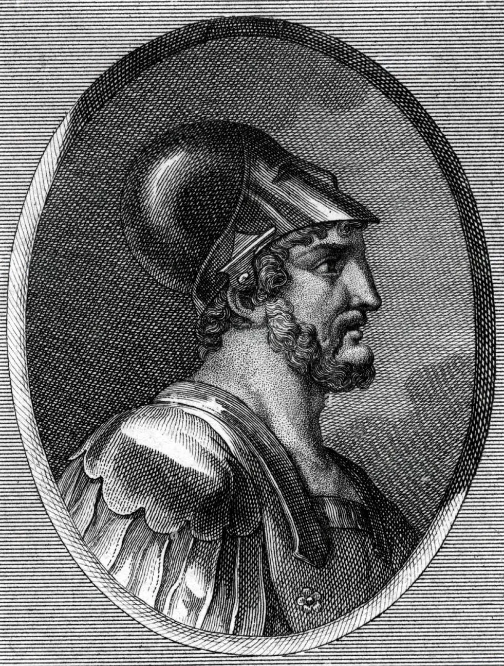 A nineteenth-century engraving imagining Leonidas in profile wearing a crested helmet.