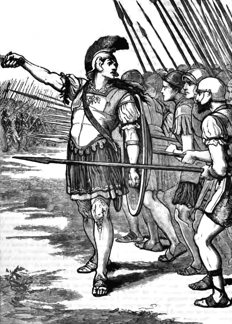 A historical illustration imagining Pelopidas leading Theban troops at Leuctra.