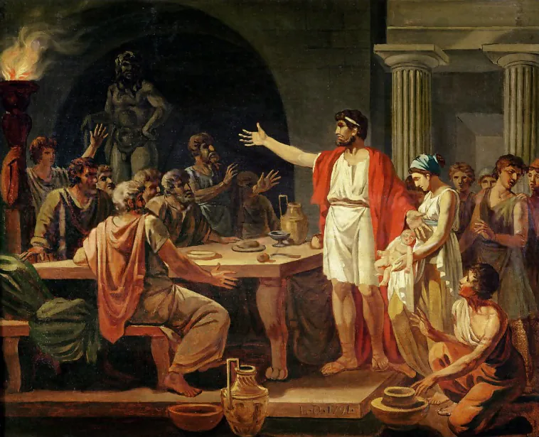 A painted assembly gathered around Lycurgus in a classical interior.