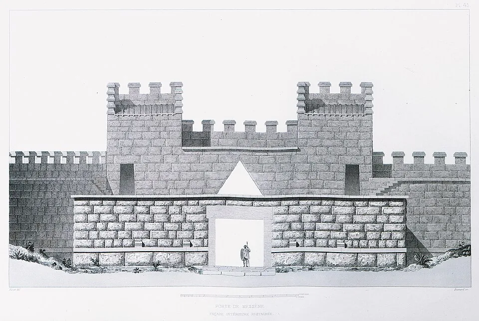 A reconstruction of Messene’s gate. Later historical artwork.