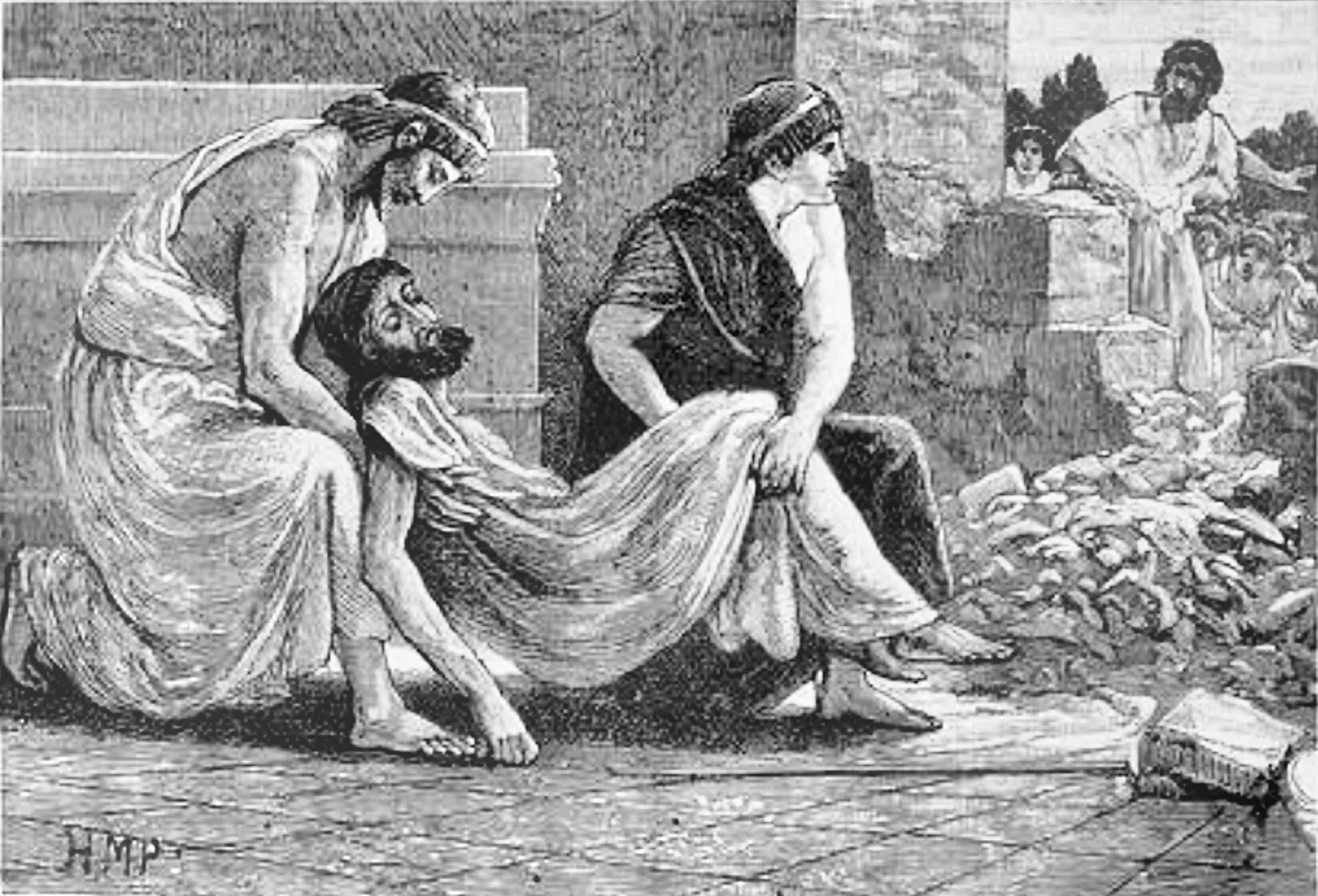 A historical illustration of figures lifting the dead Spartan regent Pausanias.