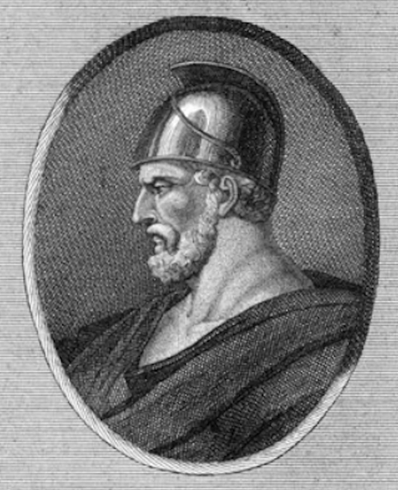 An eighteenth-century imagined profile of the Spartan regent Pausanias wearing a helmet.