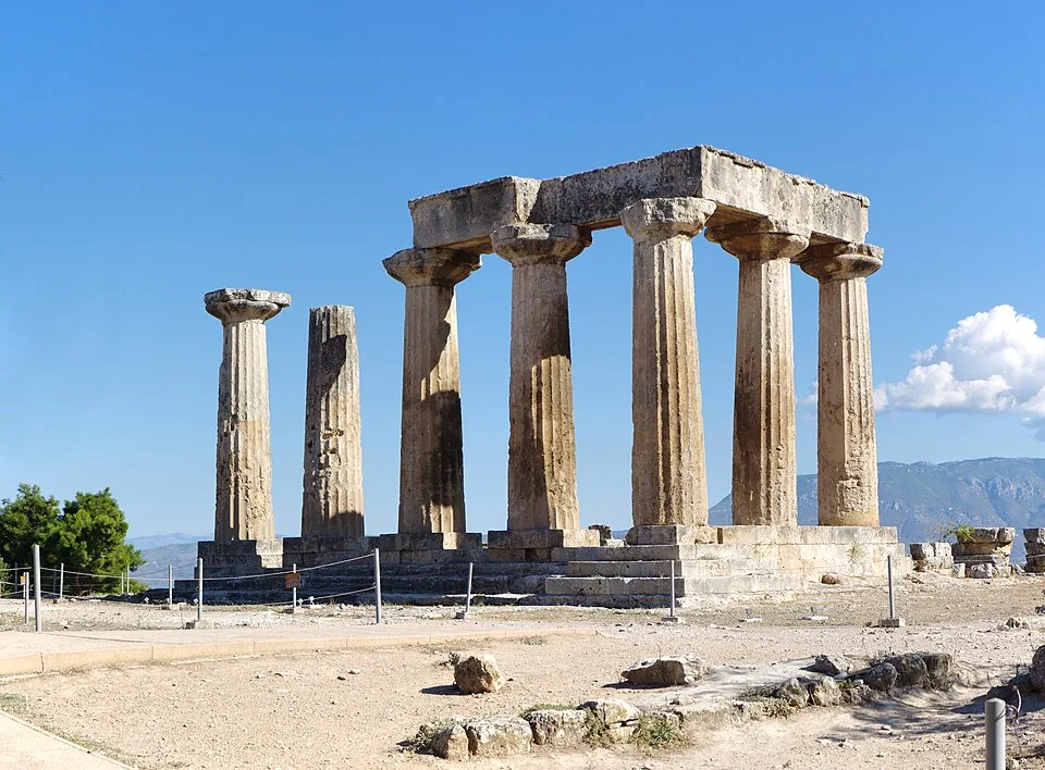 The Temple of Apollo at Corinth. Photograph of the surviving site or modern landscape.
