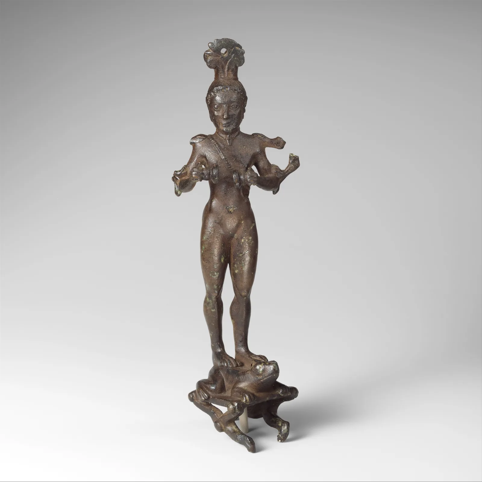 Bronze mirror support in the form of a nude girl, Greek, Laconian